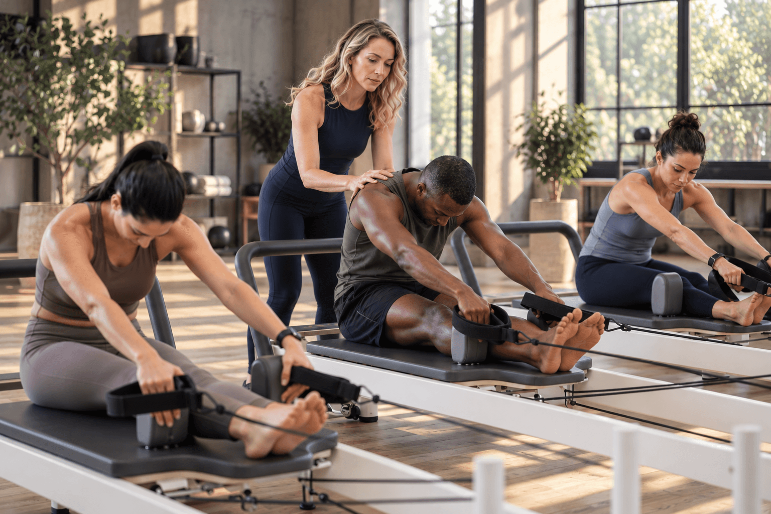 An instructor supports a client during a group Reformer session, with two other clients training nearby.